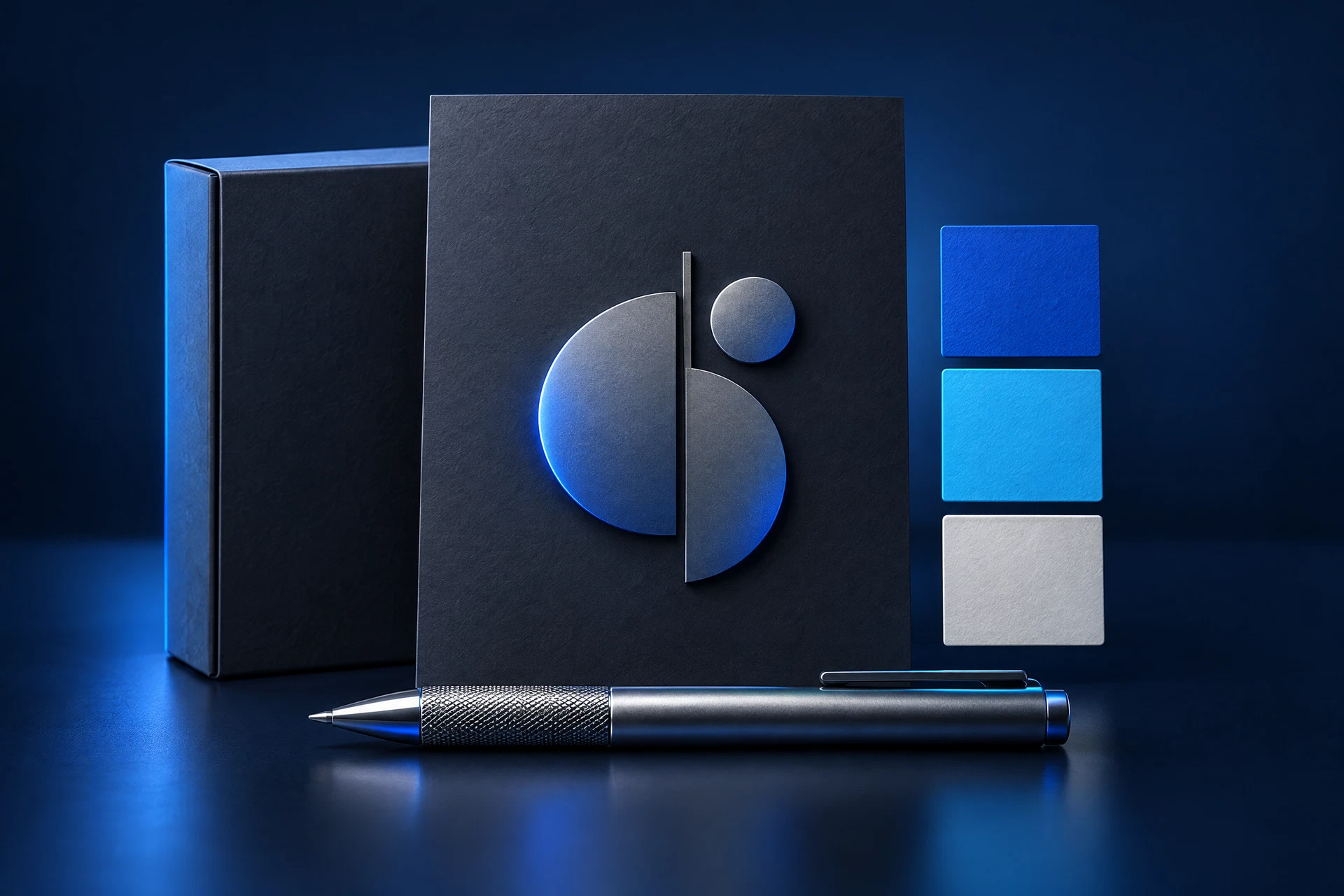 3D brand identity toolkit with palette swatches and design tools