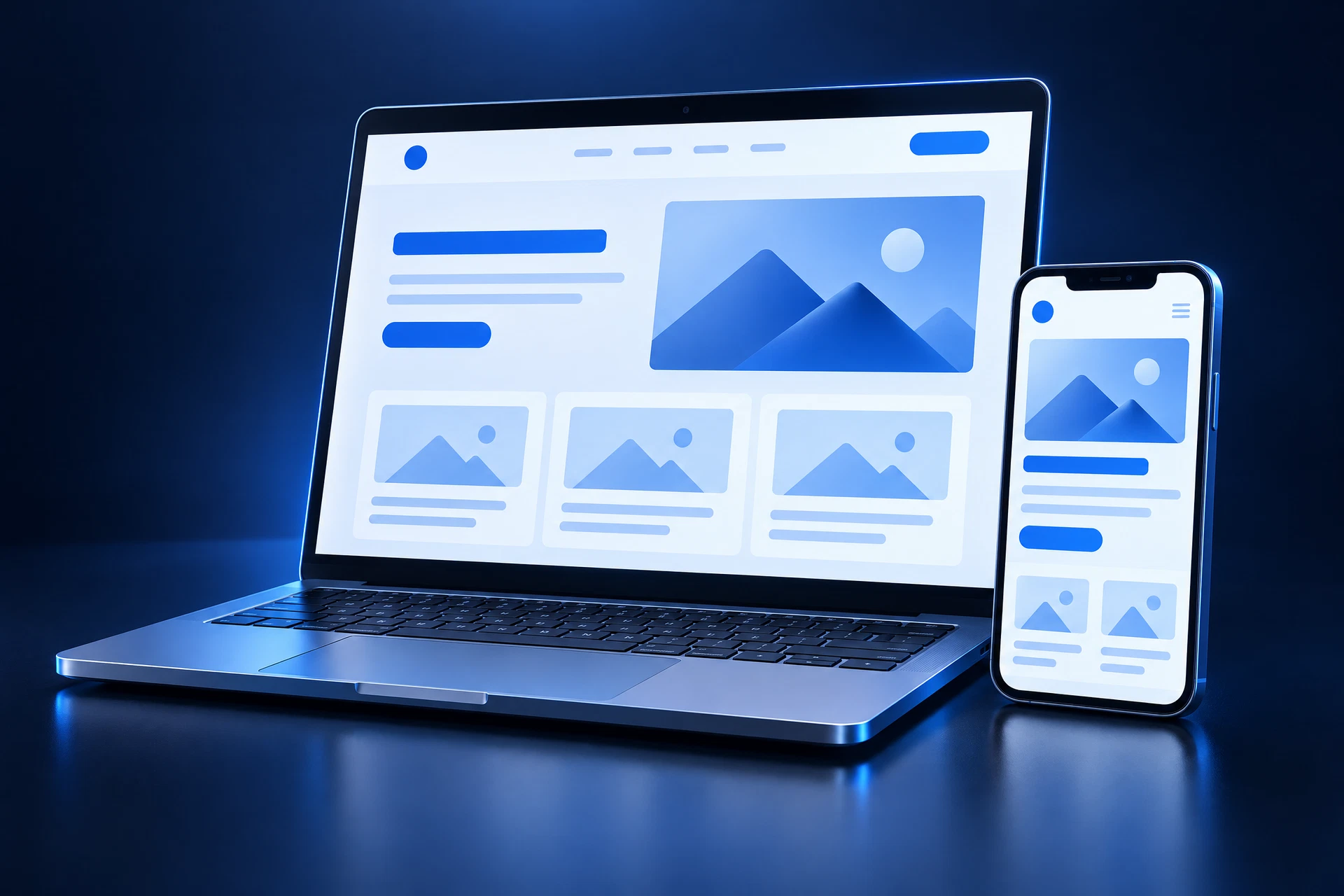 3D laptop and smartphone displaying a website layout